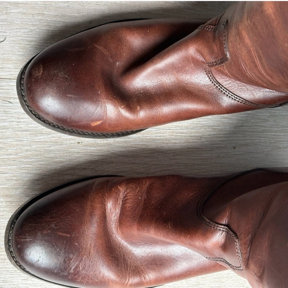 FRYE TALL COGNAC LEATHER MELISSA RIDING BOOTS with BACK ZIPPER & SNAP TABS - Picture 5 of 13